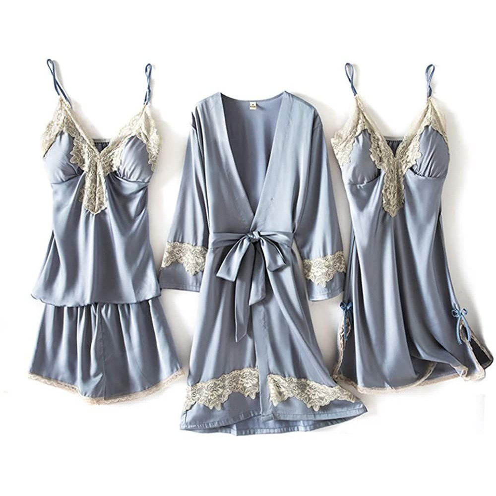 Sets Womens Pajamas Set Silk Satin Pajamas Set 4 Piece Suspenders Shorts Robe and Skirt Sexy Camisole Pajamas Lace Robe Set -...