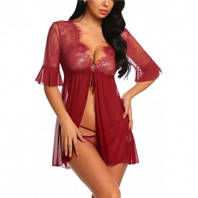 Baby Dolls & Chemises Womens Lingerie Sexy Women Sexy Lingerie Eyelash Lace Babydoll Deep V Nightwear Mesh Sheer Chemises - W...