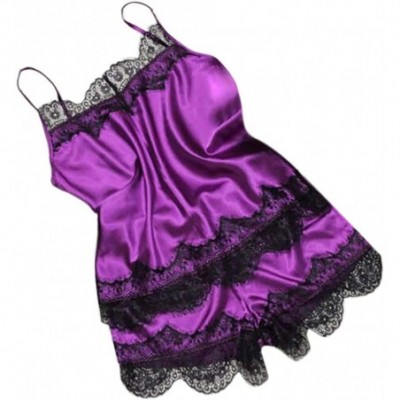 Slips Women Satin Lace Bra Sexy Lingerie Underpants Siamese Bodysuit Babydoll One Piece Sleepwear - Purple - CE18NA94ORO