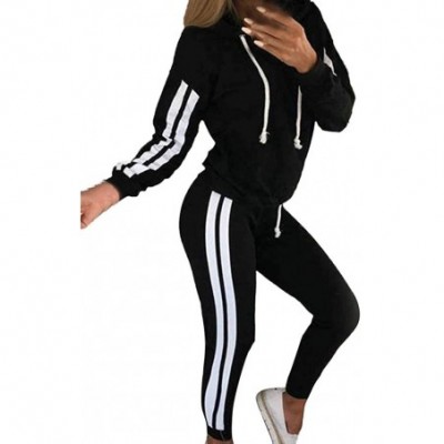 Thermal Underwear Fashion Casual Women Stripe Hooded Long Sleeve Pullove Sport Tops+Long Pants Set - Black - CL192SR58Z7