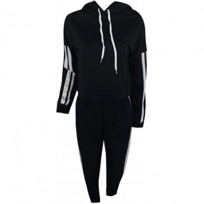 Thermal Underwear Fashion Casual Women Stripe Hooded Long Sleeve Pullove Sport Tops+Long Pants Set - Black - CL192SR58Z7