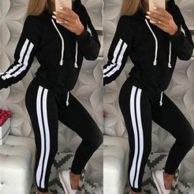 Thermal Underwear Fashion Casual Women Stripe Hooded Long Sleeve Pullove Sport Tops+Long Pants Set - Black - CL192SR58Z7