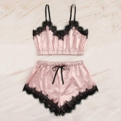 Sets Women Sexy Lingerie Lace Eyelash Satin Pajamas Cami Top Shorts Set Two Piece Sleepwear Nightwear Babydoll - C4194E5DQ35