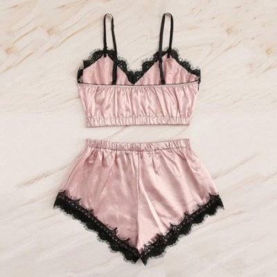 Sets Women Sexy Lingerie Lace Eyelash Satin Pajamas Cami Top Shorts Set Two Piece Sleepwear Nightwear Babydoll - C4194E5DQ35