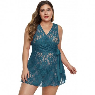 Baby Dolls & Chemises Women's Plus Size Lace See Through Lingerie Babydoll Chemise Nightie - Turquoise 31273 - CD19772USTE