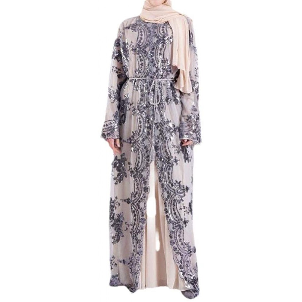 Robes Women's Islamic Luxurious Embroidered Sequin Muslim Kaftan Abaya - Grey - CN199N68DN6