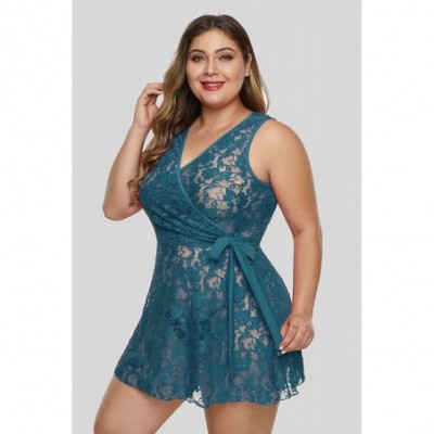 Baby Dolls & Chemises Women's Plus Size Lace See Through Lingerie Babydoll Chemise Nightie - Turquoise 31273 - CD19772USTE