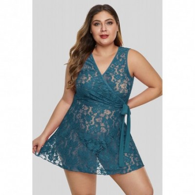 Baby Dolls & Chemises Women's Plus Size Lace See Through Lingerie Babydoll Chemise Nightie - Turquoise 31273 - CD19772USTE