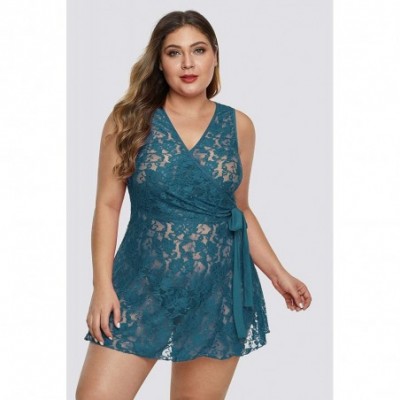 Baby Dolls & Chemises Women's Plus Size Lace See Through Lingerie Babydoll Chemise Nightie - Turquoise 31273 - CD19772USTE