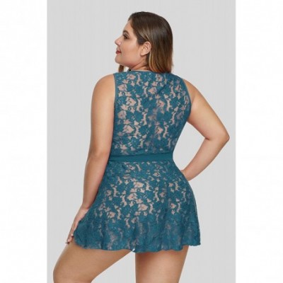 Baby Dolls & Chemises Women's Plus Size Lace See Through Lingerie Babydoll Chemise Nightie - Turquoise 31273 - CD19772USTE