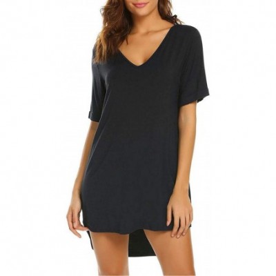 Nightgowns & Sleepshirts Loose V Neck Solid Women Nightgown Short Sleeve Nightdress - Black - C818W463XS7