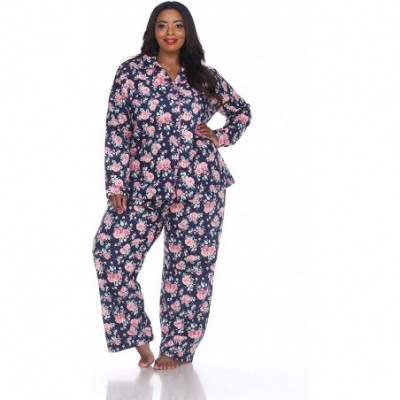 Sets Plus Size Comfortable Womens Flannel Pajama Set - Navy Pink - CE18Z9UM6UQ