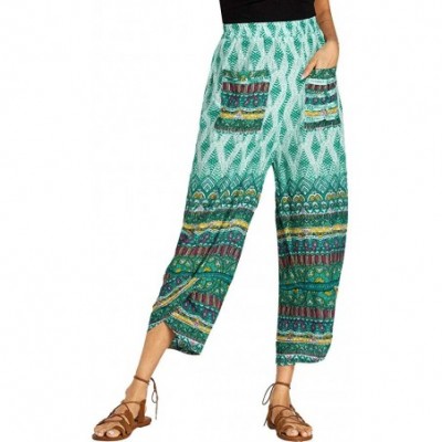 Bottoms Women's Wide Leg Palazzo Lounge Pants Vintage Bohemian Print Comfy Casual Pants with Pocket - Green - C818WWX7RCA