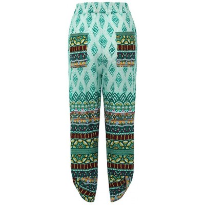 Bottoms Women's Wide Leg Palazzo Lounge Pants Vintage Bohemian Print Comfy Casual Pants with Pocket - Green - C818WWX7RCA