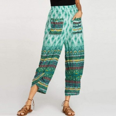 Bottoms Women's Wide Leg Palazzo Lounge Pants Vintage Bohemian Print Comfy Casual Pants with Pocket - Green - C818WWX7RCA