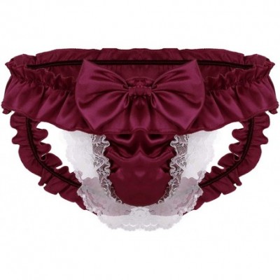 G-Strings & Thongs Mens Frilly Satin Jockstraps Sissy Pouch G-String Thongs Panties Crossdress Bikini Briefs Underwear - Wine...