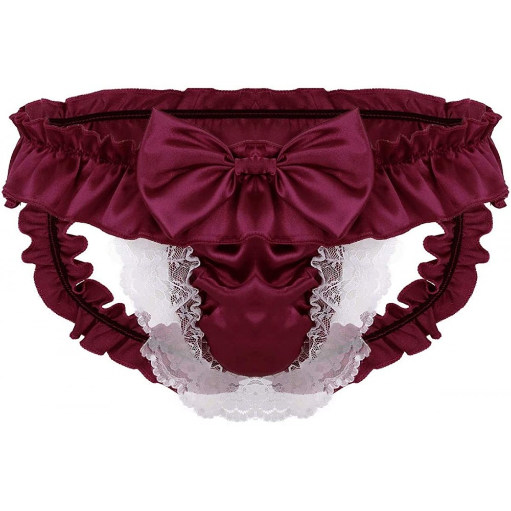 G-Strings & Thongs Mens Frilly Satin Jockstraps Sissy Pouch G-String Thongs Panties Crossdress Bikini Briefs Underwear - Wine...