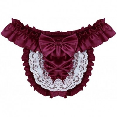 G-Strings & Thongs Mens Frilly Satin Jockstraps Sissy Pouch G-String Thongs Panties Crossdress Bikini Briefs Underwear - Wine...