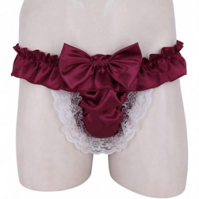 G-Strings & Thongs Mens Frilly Satin Jockstraps Sissy Pouch G-String Thongs Panties Crossdress Bikini Briefs Underwear - Wine...