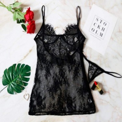 Baby Dolls & Chemises Women Babydoll Lingerie Lace Halter V-Neck Backless Sleepwear Nightdress with Thong - B_black - CX1959Q...