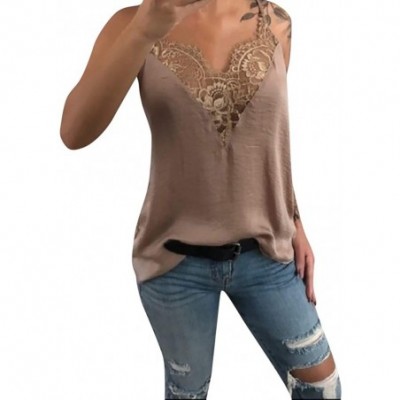 Tops Women Blouse Lace Vest Sleeveless Loose Camisole Casual V-Neck Tank Tops - Khaki - CV18Q9Y7WDC