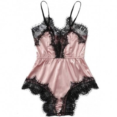 Garters & Garter Belts Women Satin Lace Bra Sexy Lingerie Underwear Siamese Sleepwear Bodysuit Babydoll - Pink - CB18YL75Q5R