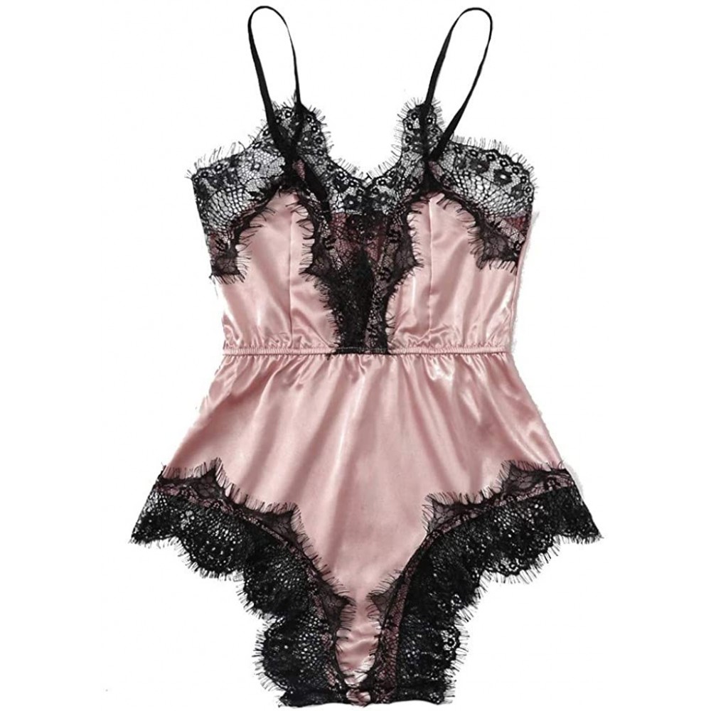 Garters & Garter Belts Women Satin Lace Bra Sexy Lingerie Underwear Siamese Sleepwear Bodysuit Babydoll - Pink - CB18YL75Q5R