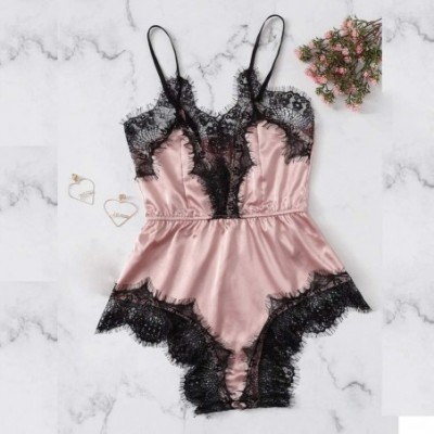 Garters & Garter Belts Women Satin Lace Bra Sexy Lingerie Underwear Siamese Sleepwear Bodysuit Babydoll - Pink - CB18YL75Q5R