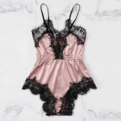 Garters & Garter Belts Women Satin Lace Bra Sexy Lingerie Underwear Siamese Sleepwear Bodysuit Babydoll - Pink - CB18YL75Q5R