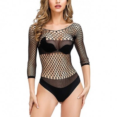 Baby Dolls & Chemises Women Fishnet Lingere BadyDolls Chemise Long Sleeve Stocking Dress Size US2-18 - Black - C318XEKTMUW