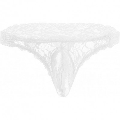 Briefs Men's Floral Lace Thongs G String Sissy Pouch Panties See Through Underwear - White - CS186S6Z88G