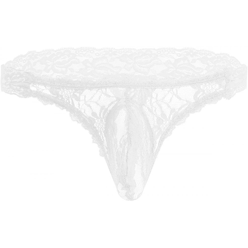 Briefs Men's Floral Lace Thongs G String Sissy Pouch Panties See Through Underwear - White - CS186S6Z88G