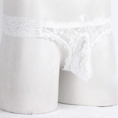 Briefs Men's Floral Lace Thongs G String Sissy Pouch Panties See Through Underwear - White - CS186S6Z88G