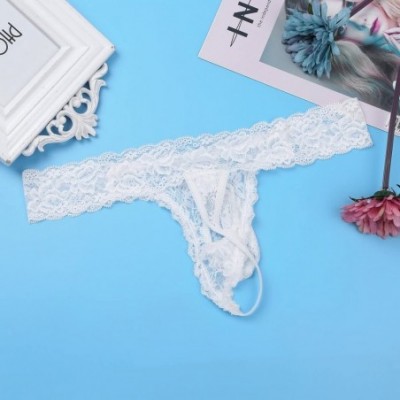 Briefs Men's Floral Lace Thongs G String Sissy Pouch Panties See Through Underwear - White - CS186S6Z88G