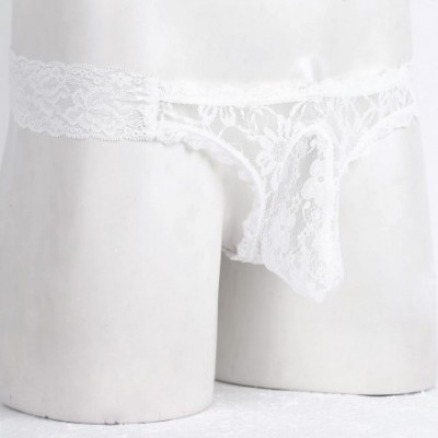 Briefs Men's Floral Lace Thongs G String Sissy Pouch Panties See Through Underwear - White - CS186S6Z88G