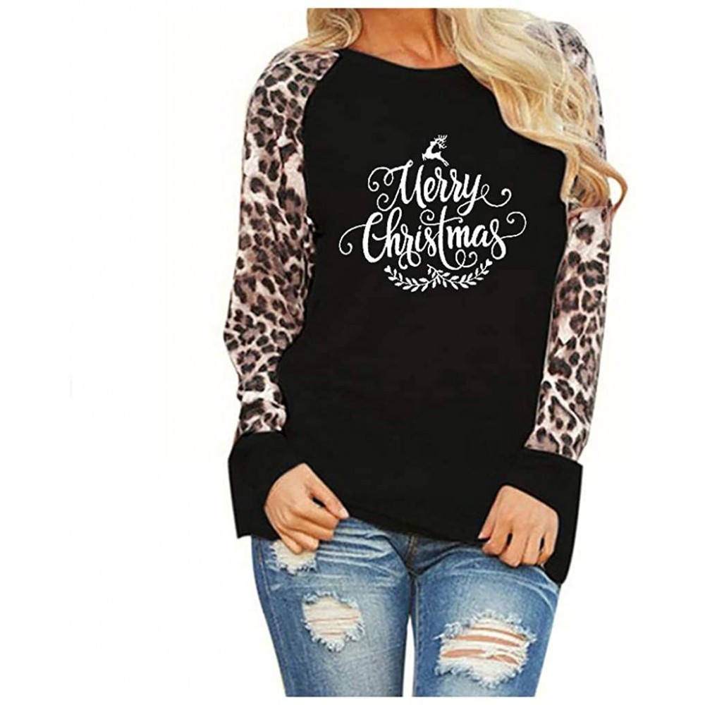 Thermal Underwear Festival Christmas Womens Reindeer Blouses T-Shirt Xmas Long Sleeve Tops - C-black - C1192K7NKKL