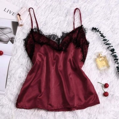 Sets Women's Lace Satin Nightwear Deep V-Neck Cami Pajamas Set Sleepwear Silk Short Pants and Vest - Wine 1 - C719DD3YDTE