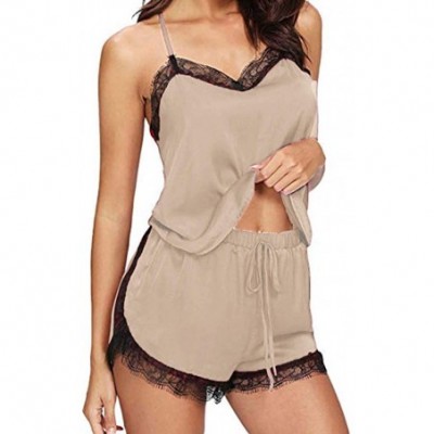 Sets Women's Cami Short Pajama Set Sexy Lace Trim Camosole Sleepwear Soft Two Piece Nightwear PJs - Beige - CA18U7EZDRI