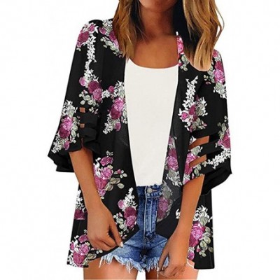 Robes Women Beach Shawl Leaves Print Chiffon Kimono Blouse Loose Top Outwear - B Black - CS18SQTG2KW