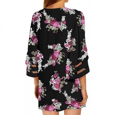 Robes Women Beach Shawl Leaves Print Chiffon Kimono Blouse Loose Top Outwear - B Black - CS18SQTG2KW