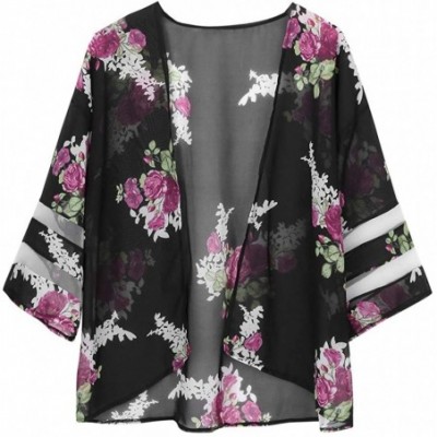 Robes Women Beach Shawl Leaves Print Chiffon Kimono Blouse Loose Top Outwear - B Black - CS18SQTG2KW