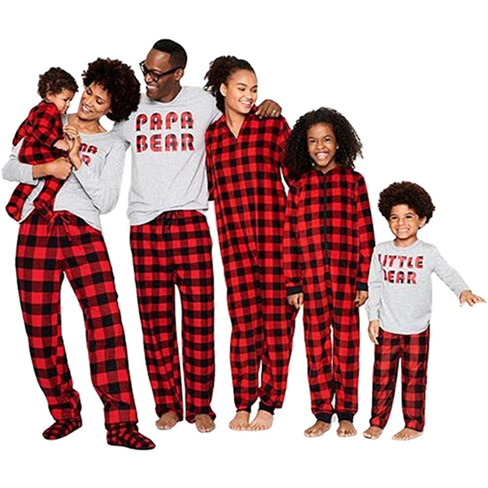 Sleep Sets Men Family Dad Kids Sleepwear - Soft Loose Letter Print Top Plaid Pants Sets Nightwear Pajamas Outfits - Red - C21...