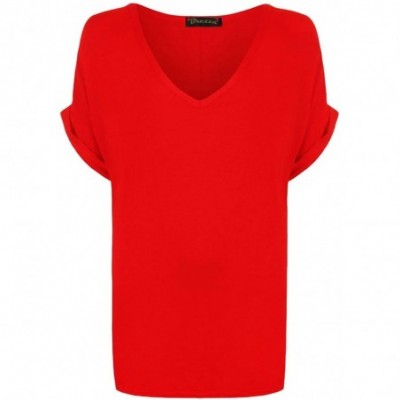 Tops Womens Turn Up Sleeves Loose Baggy T Shirt Ladies V Neck Oversized Tunic Top S/3XL - Red - CP18987AS6K