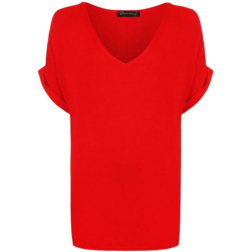 Tops Womens Turn Up Sleeves Loose Baggy T Shirt Ladies V Neck Oversized Tunic Top S/3XL - Red - CP18987AS6K