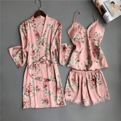 Sets Womens Soft Lace Satin Pajamas 3Pcs Pajamas Set Flowers Print Bathrobe Camisole and Shorts Sexy Lace Sleepwear Loungewea...