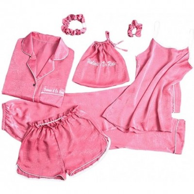 Sets 7 Pcs Silk Satin Pajamas Sleepwear Set Sexy Cami Shorts Pants Shirt PJ Nightwear Outfit - Hot Pink - CU195OAMY08