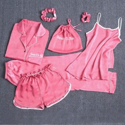 Sets 7 Pcs Silk Satin Pajamas Sleepwear Set Sexy Cami Shorts Pants Shirt PJ Nightwear Outfit - Hot Pink - CU195OAMY08