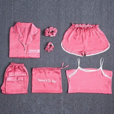 Sets 7 Pcs Silk Satin Pajamas Sleepwear Set Sexy Cami Shorts Pants Shirt PJ Nightwear Outfit - Hot Pink - CU195OAMY08