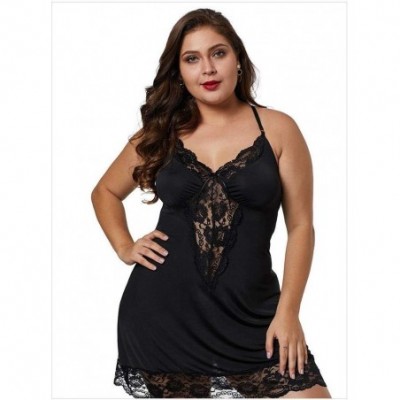 Nightgowns & Sleepshirts Oversized Loose Nightdress Deep V Lace Sling Nightdress-Black_XXL - Black - CO190L929CN