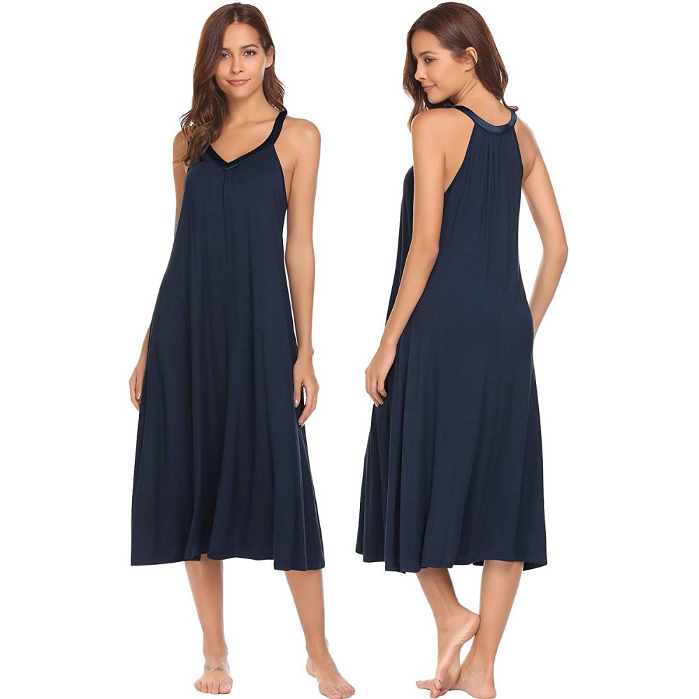 Nightgowns & Sleepshirts Women's Sleeveless Long Nightgown Slip Full Length Night Dress Soft Sleepshirt Chemise - 8358-navy -...